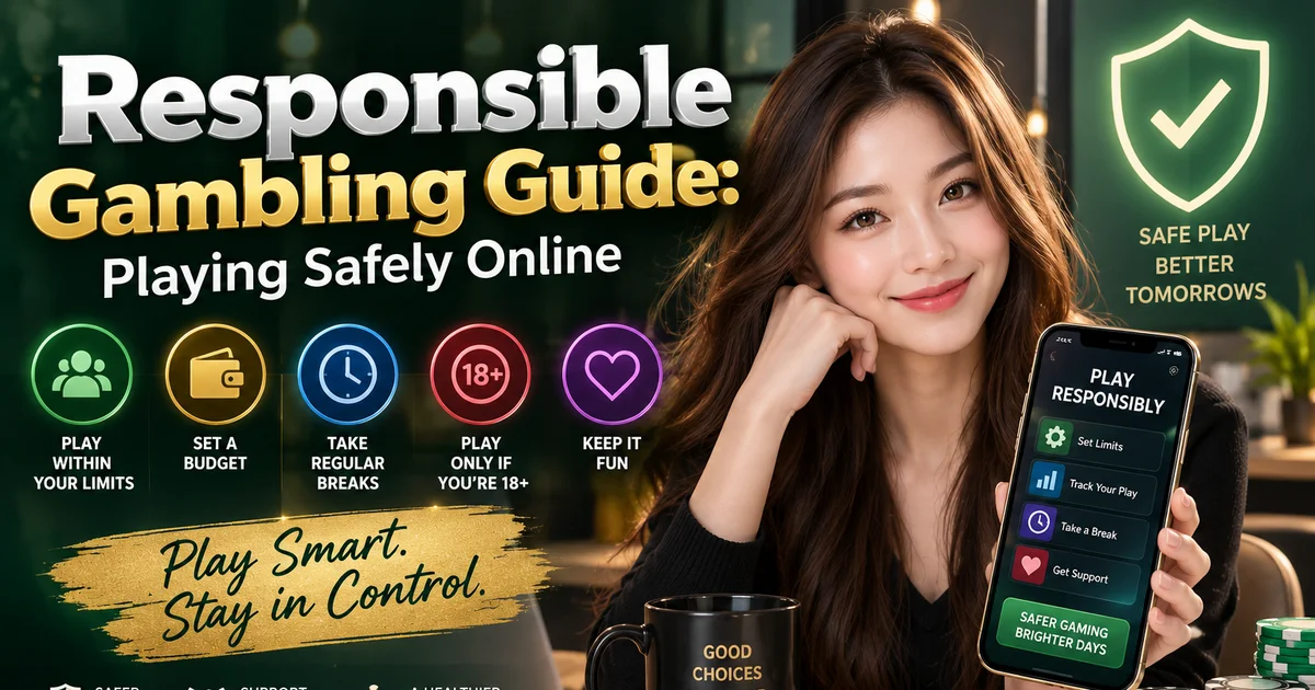 Responsible Gambling Guide promotional artwork featuring safe play tips and a play-responsibly app screen