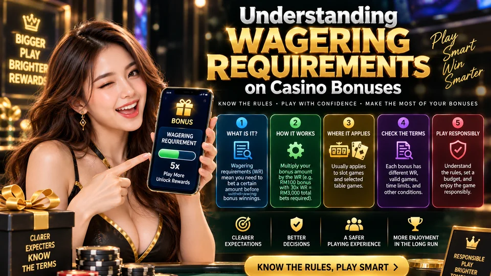 Understanding Wagering Requirements promotional artwork featuring a bonus wagering progress screen and a 5-step guide